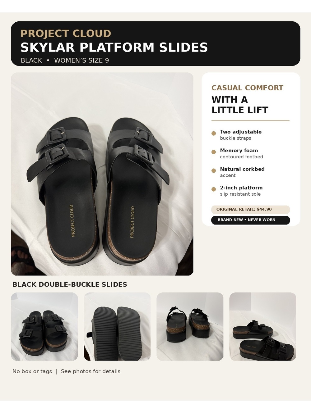 Project Cloud Skylar Black Platform Slides Women's Size 9